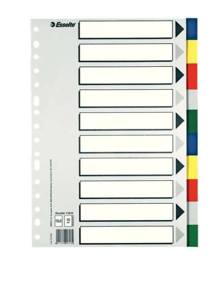 Esselte 713 Bolsa de 10 Separadores de Plastico - 10 Pestañas / 5 Colores - Multitaladro - Formato Folio