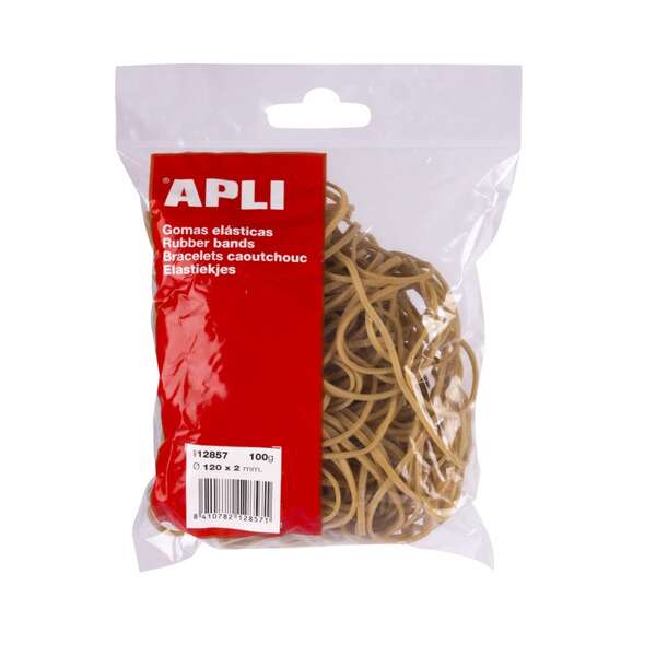 Apli Bolsa de 100gr de Gomas Elasticas Ø 120 x 2mm - Alta Calidad - Fabricadas con un 70% de Caucho Natural