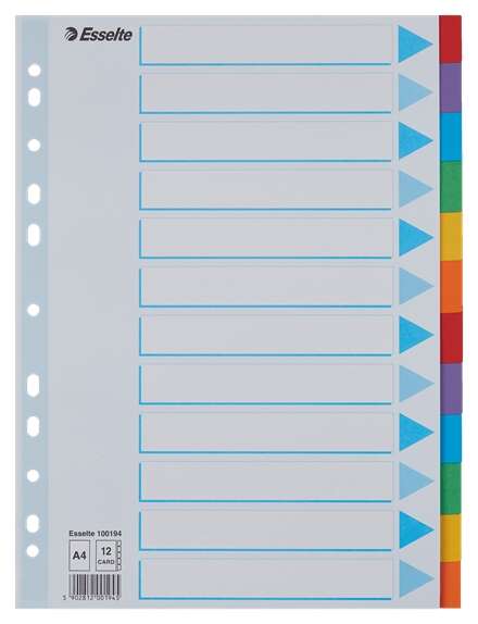 Esselte Separadores 12 Posiciones - Multitaladro - 6 Colores - Carton - Tamaño A4 Esselte Separadores 12 Posiciones - Multitaladro - 6 Colores - Carton - Tamaño A4