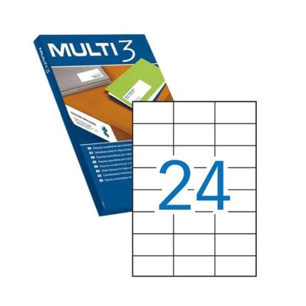 Multi3 Pack de 2.400 Etiquetas Blancas Cantos Rectos Tamaño 70X37mm con Adhesivo Permanente para Multiples Usos
