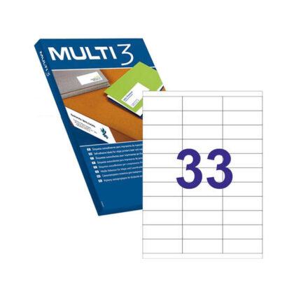 Multi3 Pack de 16.500 Etiquetas Rectangulares 70x25.4mm - 500 Hojas por 33 Etiquetas - Adhesivo Permanente - Cantos Rectos - Color Blanco