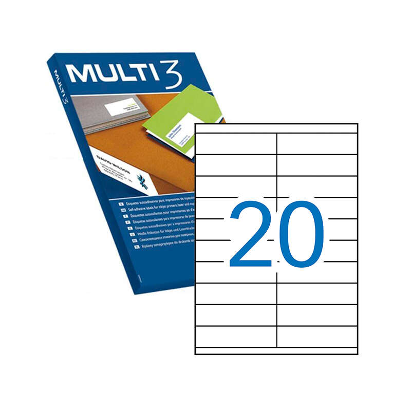 Multi3 Pack de 10.000 Etiquetas Tamaño 105x29mm - 500 Hojas por 20 Etiquetas - Adhesivo Permanente - Cantos Rectos - Color Blanco