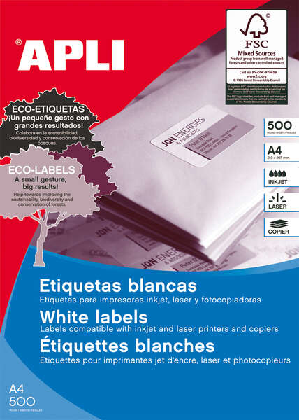 4mm - 500 Hojas por 14 Etiquetas - Adhesivo Permanente - Cantos Rectos - Color Blanco
