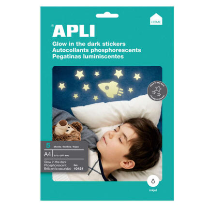 Apli Pack de 5 Etiquetas Brillo en la Oscuridad 210x297mm A4 - 5 Hojas por 1 Etiqueta - Permite Recortarlos y Realizar Diferentes Diseños - Aptas para Inkjet