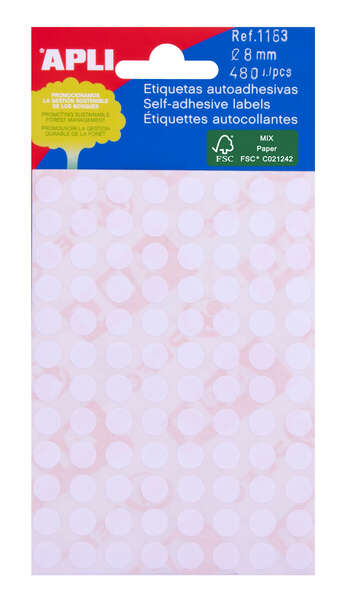 Apli Minibolsa de 480 Etiquetas Redondas Ø 8.0mm - 5 Hojas por 96 Etiquetas - Adhesivo Permanente - Color Blanco