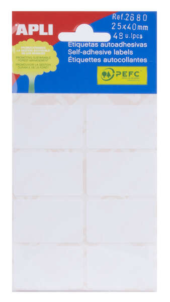 Apli Pack de 48 Etiquetas Rectangulares 25x40mm - 6 Hojas por 8 Etiquetas - Adhesivo Permanente - Cantos Romos - Aptas para Escritura Manual - Color Blanco