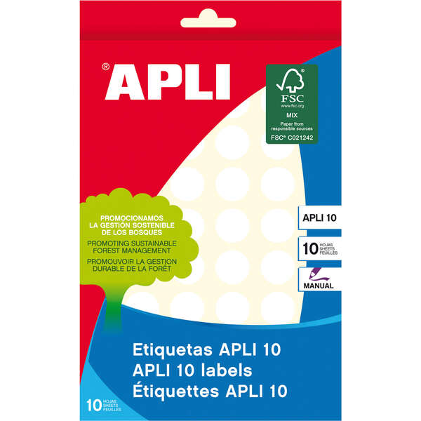 Apli Pack de 540 Etiquetas Redondas Ø 16mm - 10 Hojas por 54 Etiquetas - Adhesivo Permanente - Color Blanco