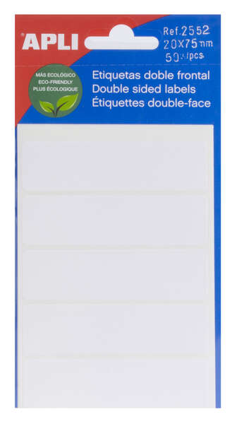 Apli Pack de 50 Etiquetas 20x75mm - 5 Hojas con 5 Etiquetas por cada Lado - Adhesivo Permanente - Menos Residuos - Color Blanco