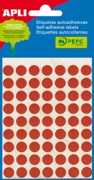Apli Minibolsa de 315 Etiquetas Redondas Ø 10mm - 5 Hojas por 63 Etiquetas - Adhesivo Permanente - Color Rojo