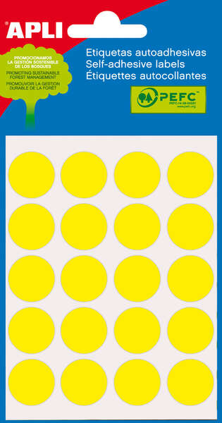 Apli Minibolsa de 100 Etiquetas Redondas Ø 19mm - 5 Hojas por 20 Etiquetas - Adhesivo Permanente - Aptas para Escritura con Lapiz