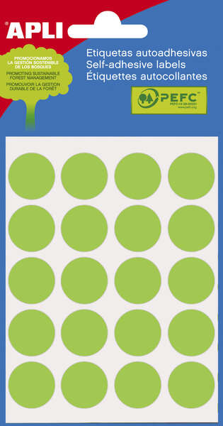 Apli Minibolsa de 100 Etiquetas Redondas Ø 19mm - 5 Hojas por 20 Etiquetas - Adhesivo Permanente - Aptas para Escritura con Lapiz