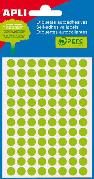 Apli Minibolsa de 288 Etiquetas Redondas Ø 8mm - 3 Hojas por 96 Etiquetas - Adhesivo Permanente - Color Verde Fluor