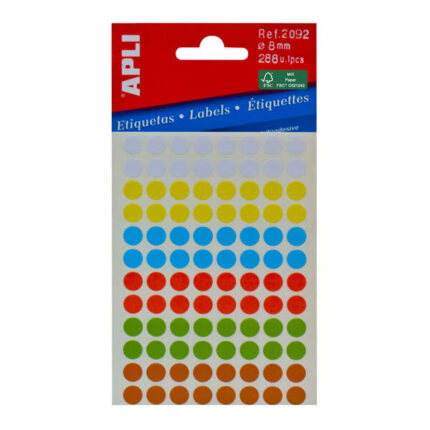 Apli Minibolsa de 288 Etiquetas Redondas Ø 8mm - 3 Hojas por 96 Etiquetas - Adhesivo Permanente - Colores Surtidos