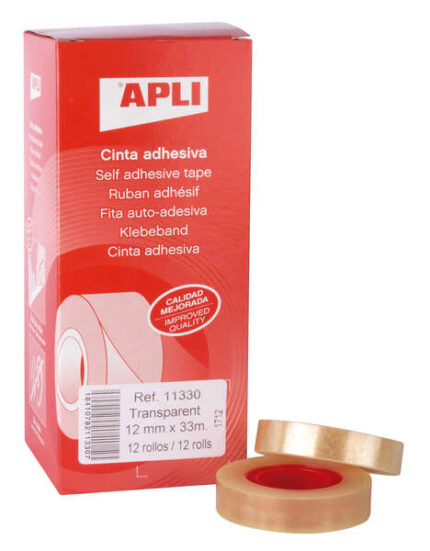 Apli Cinta Adhesiva Transparente 12mm x 33m - Resistente al Agua y a la Intemperie - Facil de Cortar y Aplicar - Ideal para Manualidades y Embalaje Transparente
