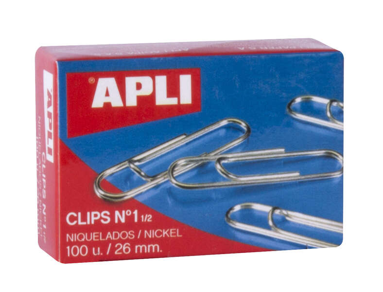Apli Clips Alambre Nº 1½ (26mm) - Acabado Niquel Brillante - Alta Resistencia a la Oxidacion - Caja con 100 Clips