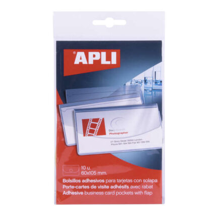 Apli Pack de 10 Bolsillos Adhesivos Porta Tarjetas con Solapa de Cierre - Medidas 100x60mm - Ideal para Presentaciones Impresas