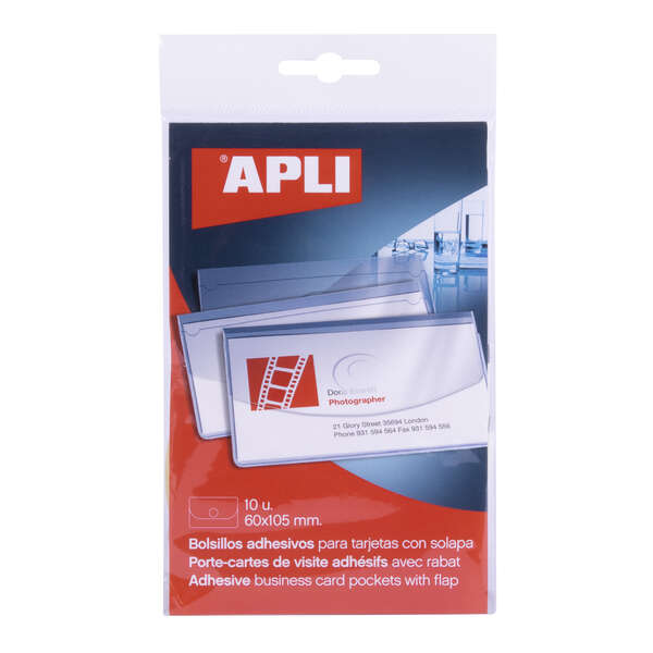 Apli Pack de 10 Bolsillos Adhesivos Porta Tarjetas con Solapa de Cierre - Medidas 100x60mm - Ideal para Presentaciones Impresas