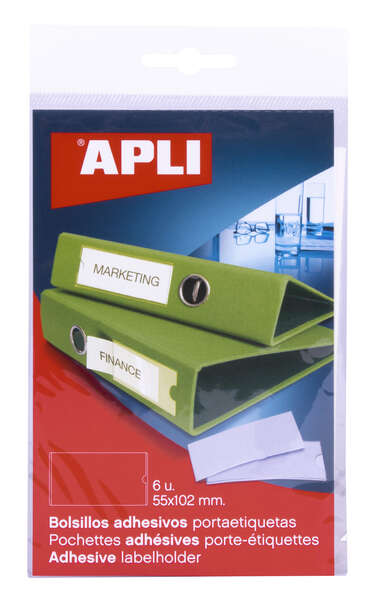 Apli Bolsillos Adhesivos para Etiquetas - 55 x 102mm - Cambia la Informacion de la Etiqueta Segun tus Necesidades - Contiene 6 Bolsillos por Bolsa
