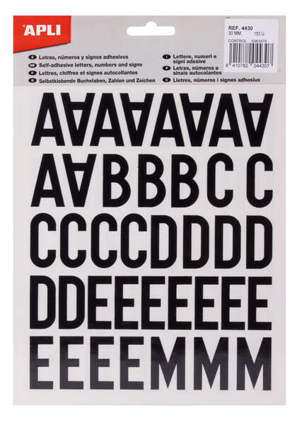 Apli Letras Adhesivas de Palo Mayusculas - Altura 30mm - Color Negro - Pack de 4 Hojas con 153 Letras