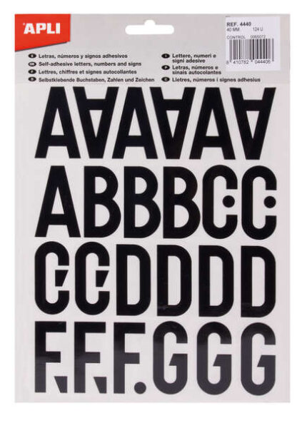 Apli Letras de Palo Mayusculas Adhesivas - Altura 40mm - Pack de 5 Hojas - Color Negro - Facil Identificacion y Señalizacion