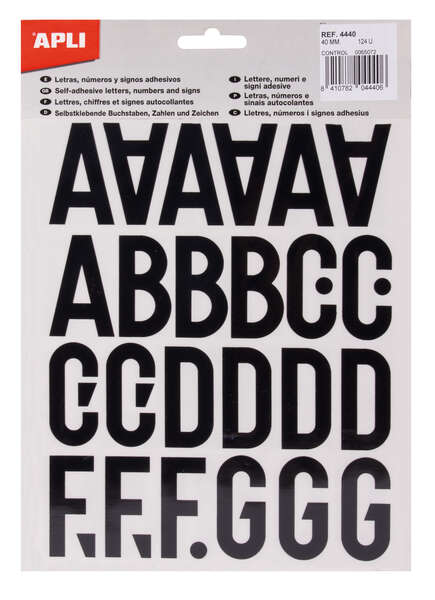 Apli Letras de Palo Mayusculas Adhesivas - Altura 40mm - Pack de 5 Hojas - Color Negro - Facil Identificacion y Señalizacion