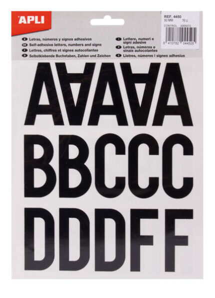 Apli Letras de Palo Mayusculas Adhesivas - Altura 50mm - Pack de 5 Hojas - Color Negro - Facil Identificacion y Señalizacion