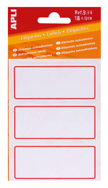 Apli Etiquetas Adhesivas Escolares Basicas - Tamaño 78x34mm - Ribete Rojo - 6 Hojas (18 Etiquetas) - Adhesivo Permanente de Alta Calidad - Escritura Ordenada - Color Blanco