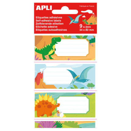 Apli Etiquetas Adhesivas Escolares Dinosaurios - Tamaño 81x36mm - 9 Etiquetas de Adhesivo Permanente de Alta Calidad - Ideal para Marcar e Identificar Libros