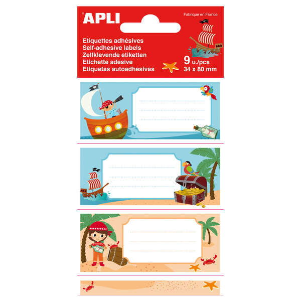 Apli Etiquetas Adhesivas Escolares Piratas - Tamaño 81x36mm - 9 Etiquetas de Adhesivo Permanente de Alta Calidad - Diseño Piratas - Color Variado