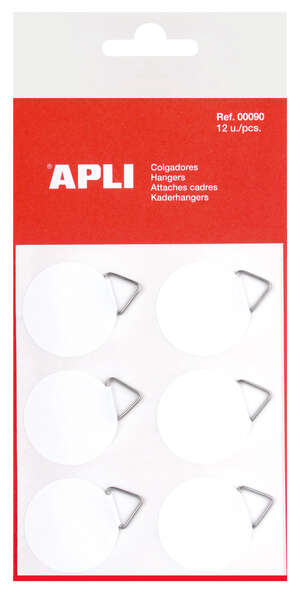 Apli Pack de 12 Colgadores Autoadhesivos Redondos Ø 30mm - Triangulo Metalico de Soporte - Base Adhesiva Blanca - Gran Resistencia - Ideal para Fotos
