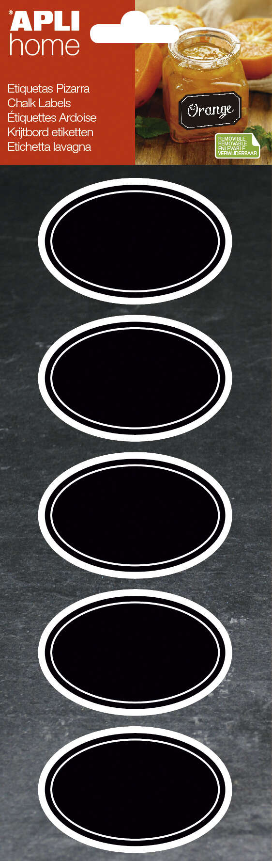 Apli Etiquetas Pizarra Ovaladas 65x41mm - Adhesivo Removible - 2 Hojas (10 Etiquetas) - Escritura con Tiza Liquida o Convencional - Borrado Facil - Ideal para Tarros