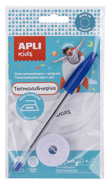 Apli Cinta Termoadhesiva para Marcar Ropa - 10mmx2m - 70% Poliester y 30% Algodon - Resistente a Lavadora y Secadora - Facil Uso con Boligrafo Incluido - Color Blanco