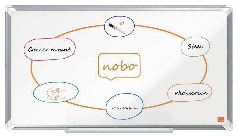 Nobo Premium Plus Pizarra Magnetica de Acero Lacado Panoramica 710x400mm - Montaje en Esquina - Blanco