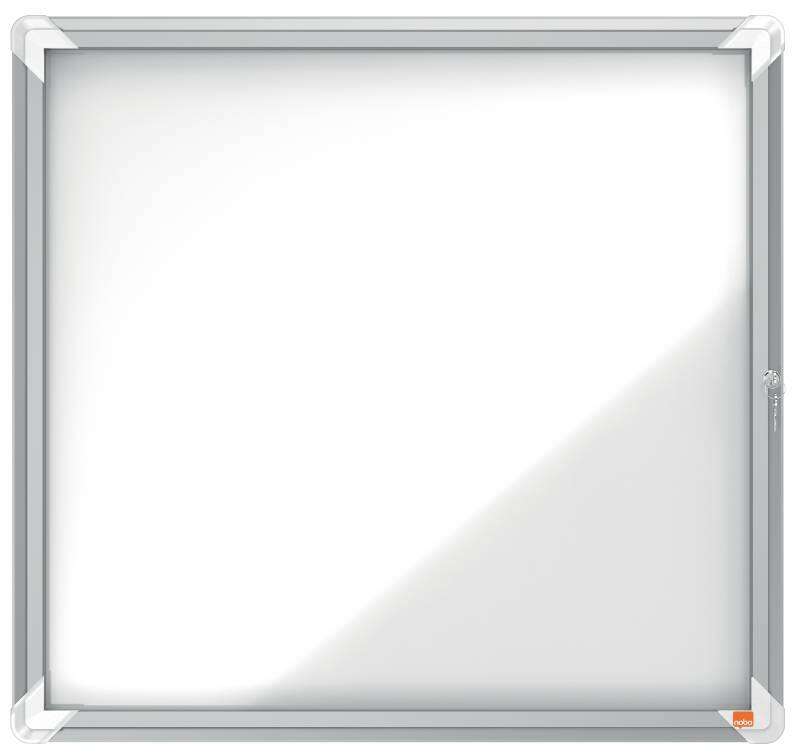 Nobo Vitrina para 6 Hojas A4 - Superficie Blanca Magnetica - Puerta de Cristal de Seguridad - Marco de Aluminio - Color Blanco