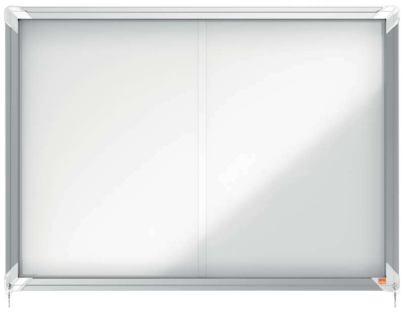 Nobo Vitrina Interior para 8 Hojas A4 con Superficie Magnetica y Puerta Deslizante - 689x972x54mm - Superficie Blanca Metalica y Magnetica de Borrado en Seco - Marco de Aluminio - Puertas de Cristal de Seguridad Deslizantes - Color Blanco