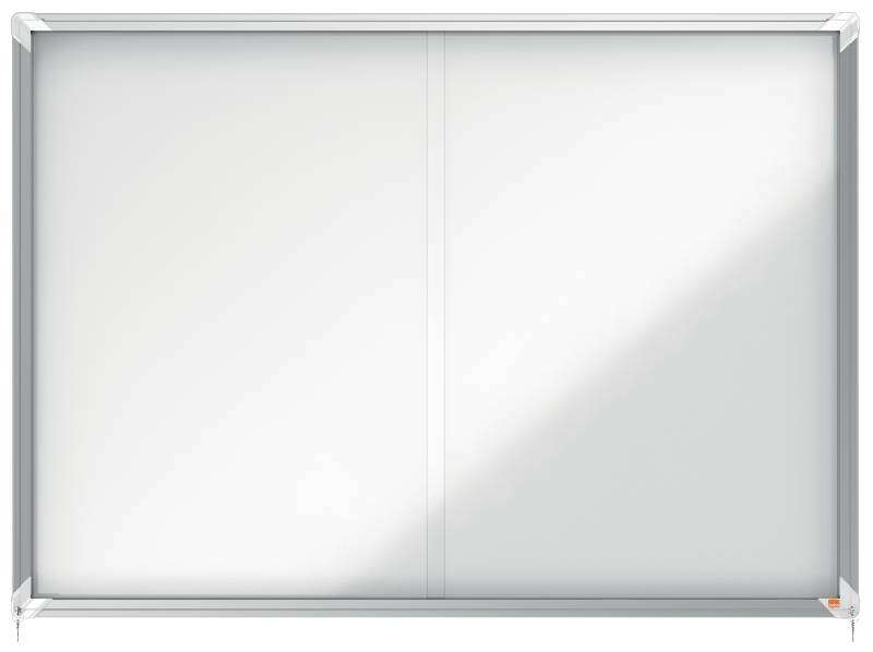 Nobo Vitrina Interior para 18 Hojas A4 con Superficie Magnetica y Puerta Deslizante - 997x1412x54mm - Superficie Blanca Metalica y Magnetica de Borrado en Seco - Marco de Aluminio - Puertas de Cristal de Seguridad - Color Blanco