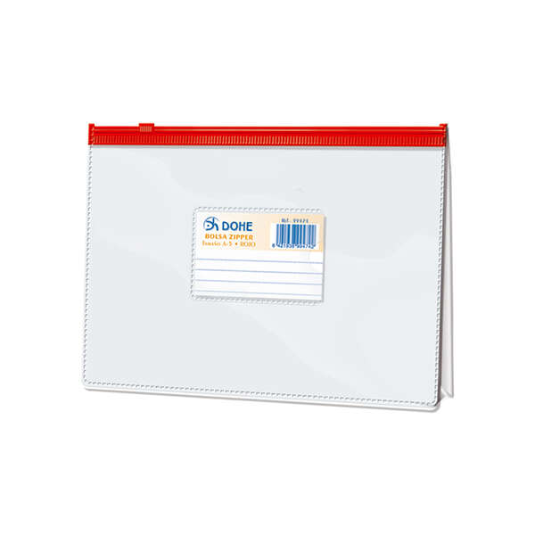 Dohe Bolsa Zipper Apaisada PVC Transparente 200 Micras - Tamaño A5 - Apertura Superior - Cierre Zip Hermetico Dohe Bolsa Zipper Apaisada PVC Transparente 200 Micras - Tamaño A5 - Apertura Superior - Cierre Zip Hermetico