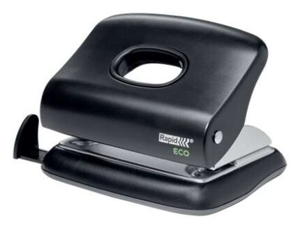 Rapid Eco Taladro Perforador - Perfora hasta 20 Hojas - Facil Vaciado - Punzones 5.5mm - Fabricado con un 74% de Plastico Reciclado Postconsumo - Color Negro