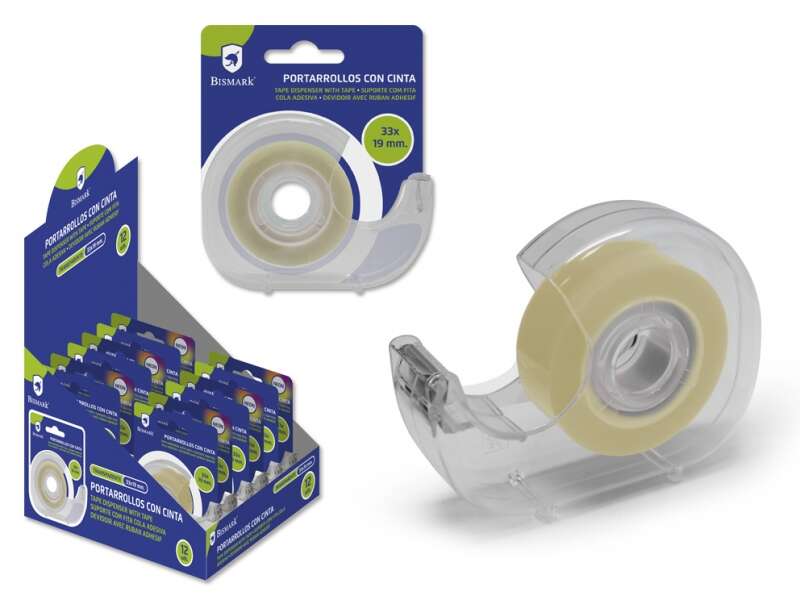 Bismark Portarrollos con Cinta Adhesiva Transparente - Cuerpo de Plastico - Incluye Cinta de 33mx1.9cm - Ideal para Uso Escolar - Color Transparente