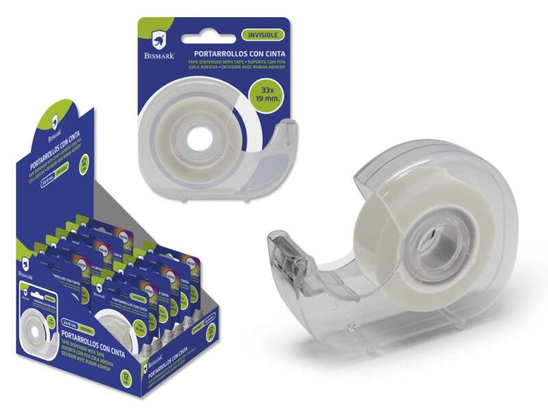 Bismark Cinta Adhesiva Invisible 19mmx33m con Portarrollos - Cuerpo de Plastico - Ideal para Uso Escolar - Transparente
