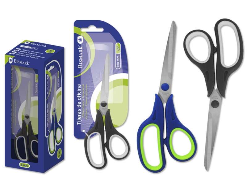 Bismark Tijeras de Oficina Acero Inoxidable 19cm - Empuñadura Ergonomica - Muy Ligeras y Resistentes - Empaquetadas en Blister - Colores Surtidos