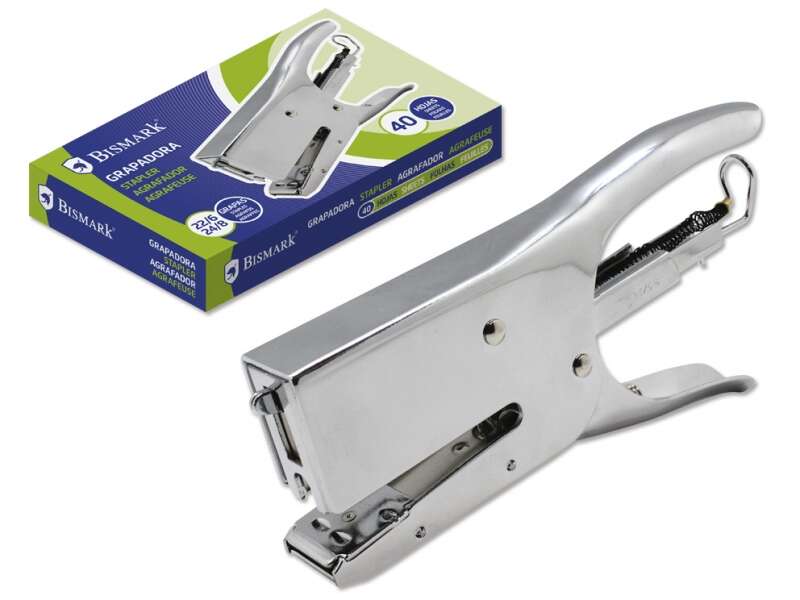Bismark Grapadora de Tenaza Cromada - Capacidad de Grapado 40 Hojas - Diseño Ergonomico - Alta Durabilidad - Color Plata