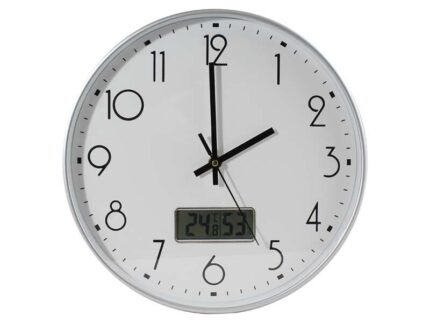 Bismark Reloj Oficina con Marcador Digital de Temperatura y Humedad - Numeros Negros - Cristal Exterior - Manecillas de Aluminio - Color Blanco