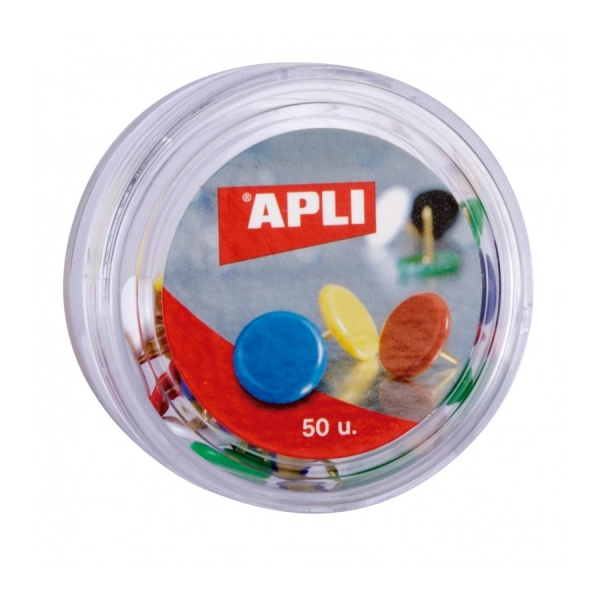 Apli Caja de 50 Chinchetas Niqueladas con Cabezal de Plastico - Cabeza Redondeada - Puntas Afiladas - Colores Surtidos Apli Caja de 50 Chinchetas Niqueladas con Cabezal de Plastico - Cabeza Redondeada - Puntas Afiladas - Colores Surtidos