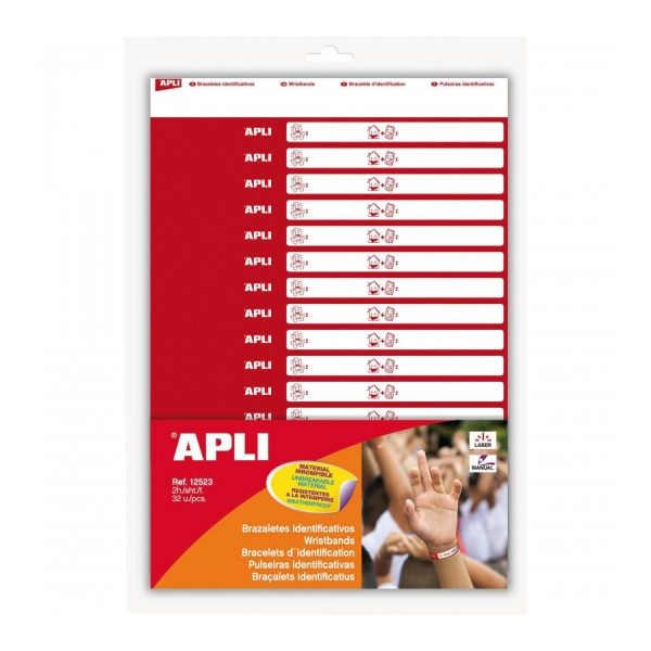 Apli Brazaletes Identificativos - Ideales para Niños en Lugares Concurridos - Faciles de Colocar - Extra Resistentes - Aptos para Impresoras Laser y Escritura Manual Apli Brazaletes Identificativos - Ideales para Niños en Lugares Concurridos - Faciles de Colocar - Extra Resistentes - Aptos para Impresoras Laser y Escritura Manual