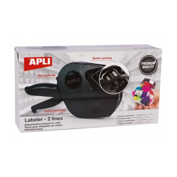Apli Maquina Etiquetadora de Precios Premium - 2 Lineas - 9 Caracteres - Facil Uso - Instalacion Rapida - Correa de Muñeca - Incluye Cartuchos y Rollo de Etiquetas Apli Maquina Etiquetadora de Precios Premium - 2 Lineas - 9 Caracteres - Facil Uso - Instalacion Rapida - Correa de Muñeca - Incluye Cartuchos y Rollo de Etiquetas
