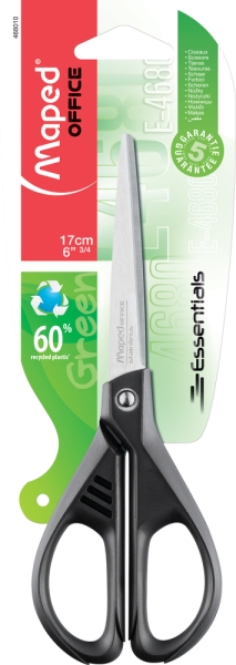 Maped Essentials Tijeras de Acero Inoxidable 17cm Simetricas - Hojas Afiladas - Mangos 60% de Plastico Recicldo - Color Negro