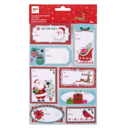 Apli Pack de 8 Etiquetas Adhesivas Navideñas para Regalos - Tamaños y Diseños Surtidos - Espacio para Escribir