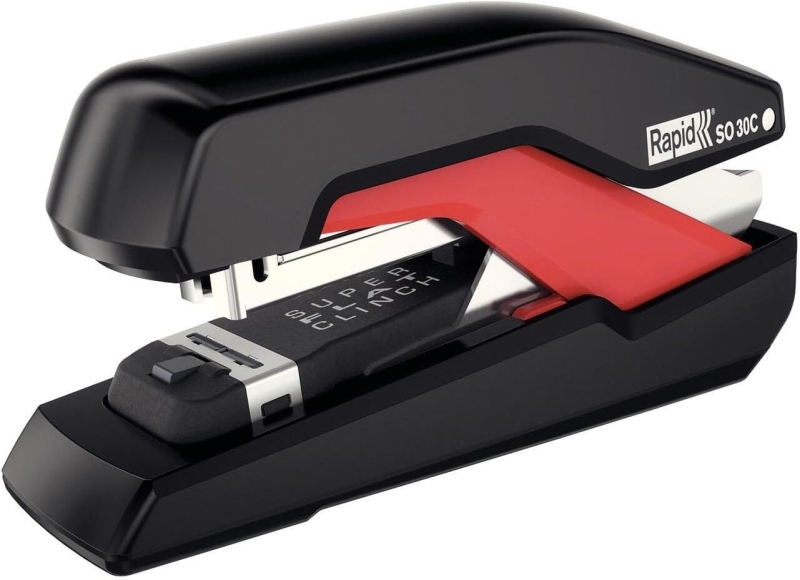 Rapid Supreme Omnipress SO30c Grapadora de Sobremesa Compacta - Hasta 30 Hojas - Grapado sin Esfuerzo - Color Negro/Rojo