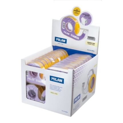 Milan Expositor de 36 Cintas Adhesivas Transparentes con Dispensador - Medidas 12mm x 33m - Color Amarillo Transparente